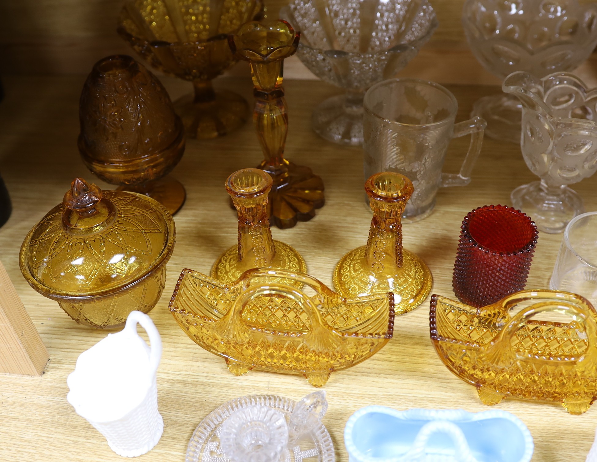 A group of Sowerby's and other pressed glassware, tallest 17cm